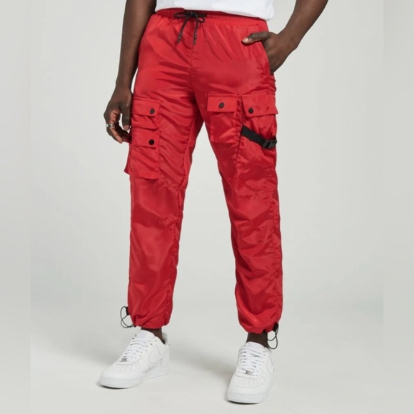 Men’s VTG Decibel Red Cargo Zippered Nylon Parachute Pants Street Wear M EUC - Picture 1 of 16